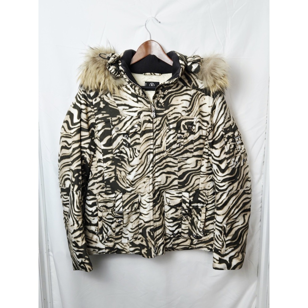 Bogner zebra animal print jacket fur trim hood womens sz 12‎ 70607 ski
